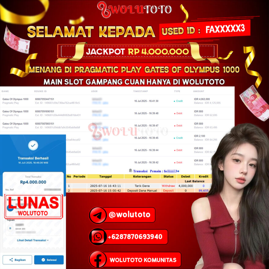 Selamat Kepada User : FA****3 Telah Jackpot Senilai Rp 4.000.000