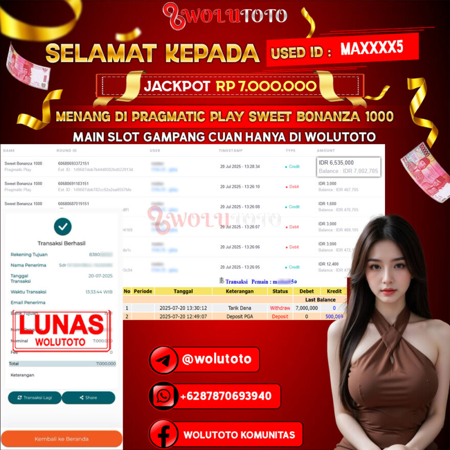 Selamat Kepada User : MA****5 Telah Jackpot Senilai Rp 7.000.000