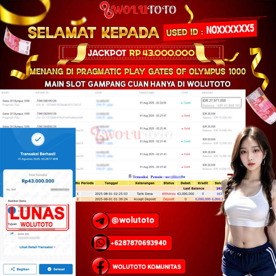 Selamat Kepada User : NO******5 Telah Jackpot Senilai Rp 43.000.000