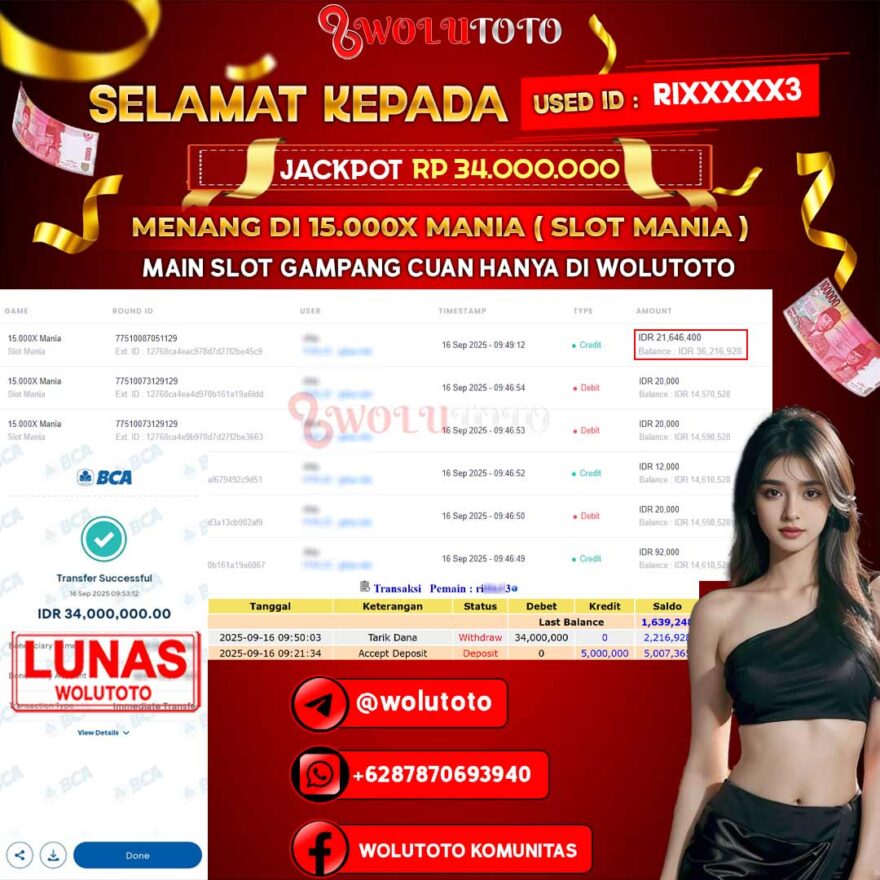 Selamat Kepada User : RI*****3 Telah Jackpot Senilai Rp 34.000.000