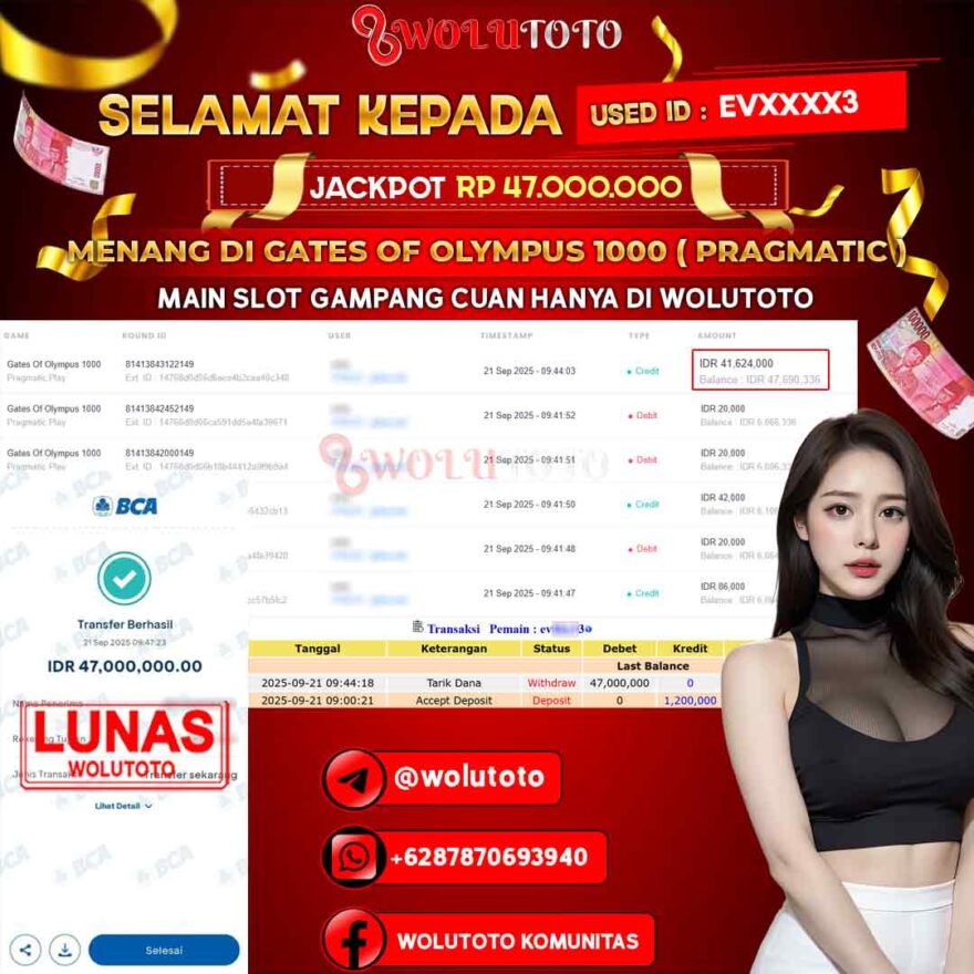 Selamat Kepada User : EV****3 Telah Jackpot Senilai Rp 47.000.000